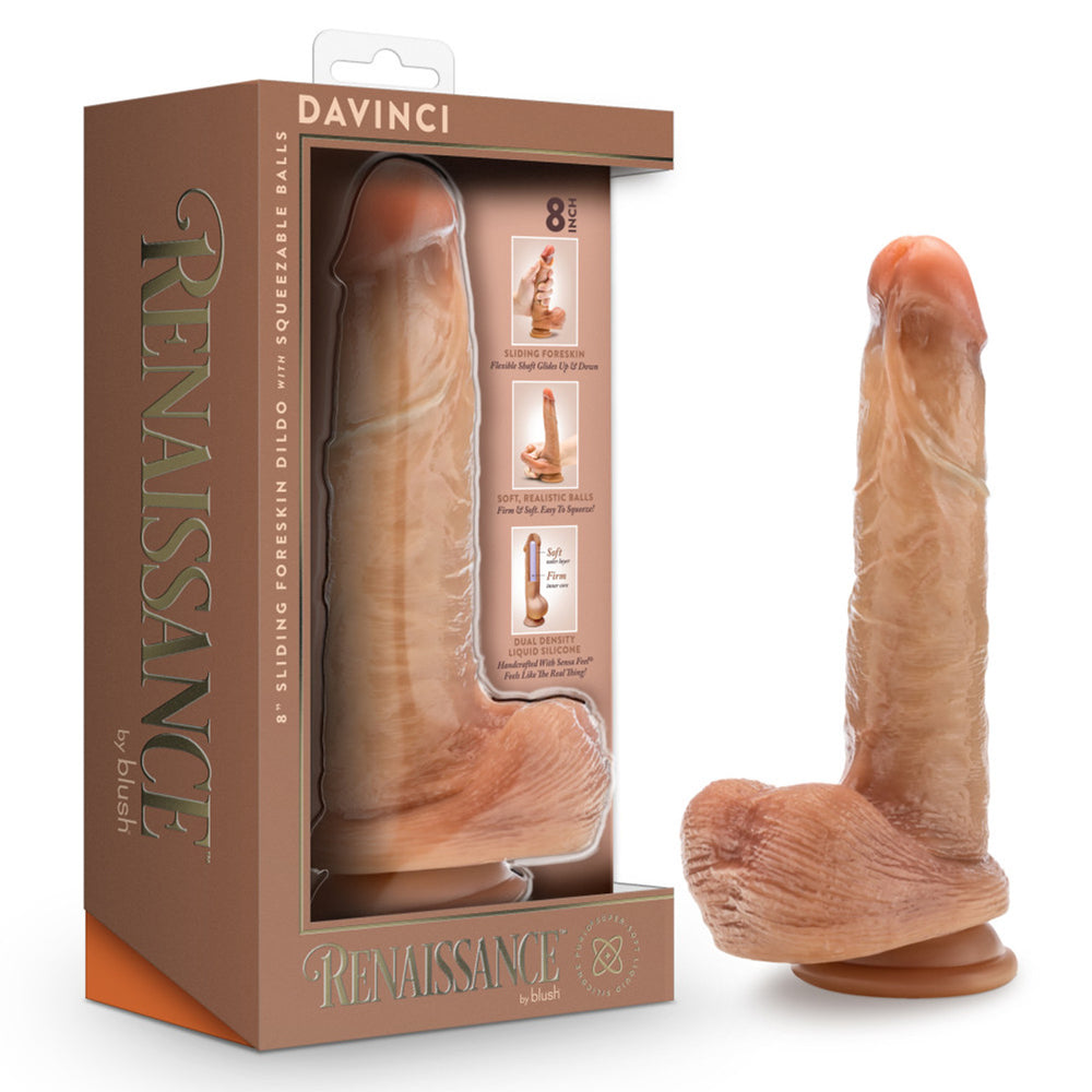 Renaissance DaVinci 8 Inch Realistic Dildo – Dual Density Silicone with Sliding Foreskin & Squeezable Balls