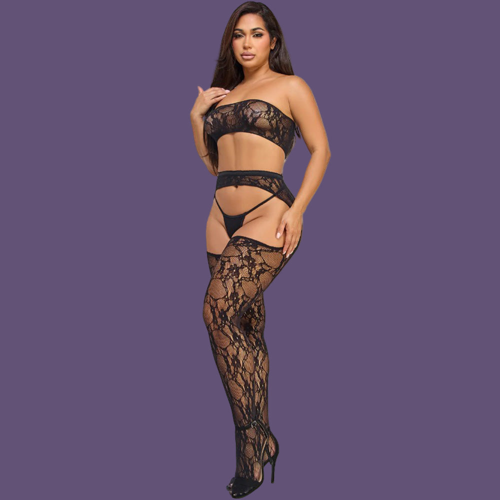 Be Wicked Azalea Lace Bodystocking Set - Black - QS