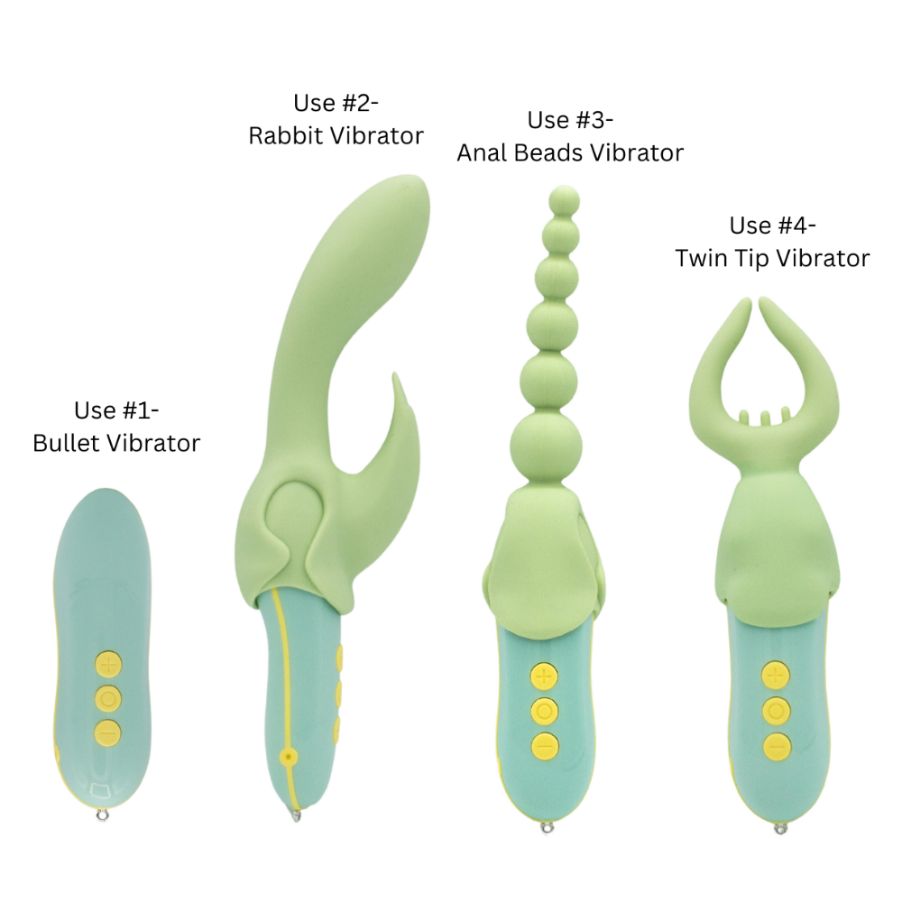 Like A Kitten Pleasure Hunter 4-in-1 Vibrator Attachment Set for Clitoral, G-Spot Anal & Nipple Stimulation - Green