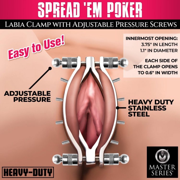 Master Series Spread Em Stainless Steel Poker Labia Clamp with Adjustable Pressure Screws