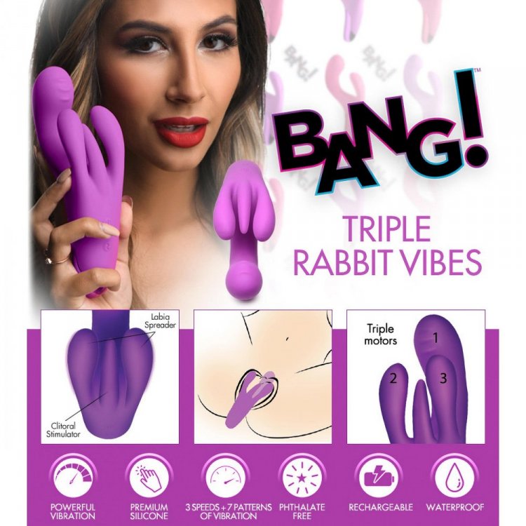 Bang! 10X Triple Rabbit 7.6 Inch Rechargeable Silicone Vibrator - Purple