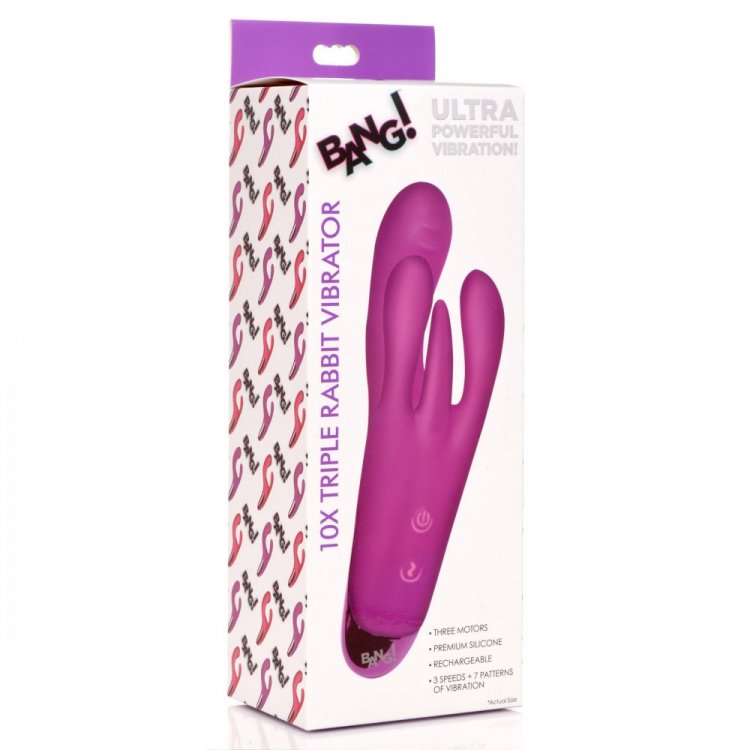 Bang! 10X Triple Rabbit 7.6 Inch Rechargeable Silicone Vibrator - Purple