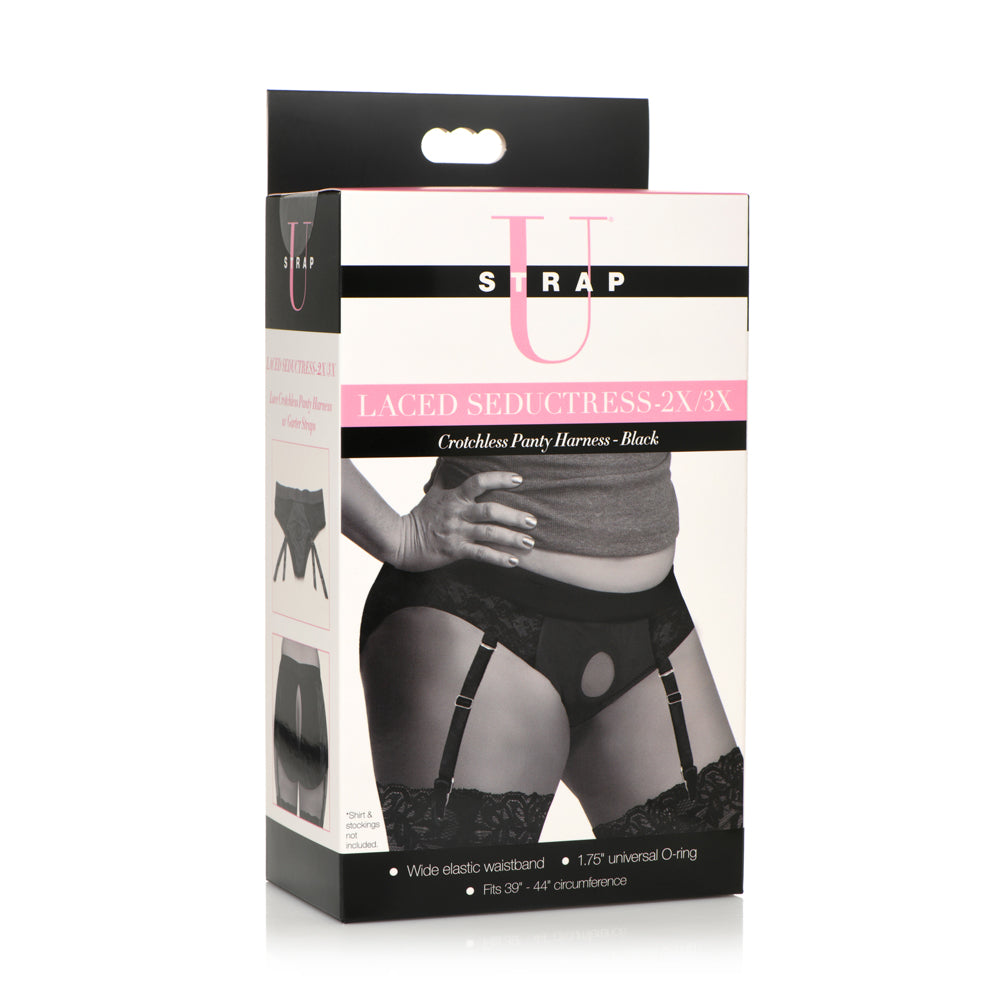 Strap U Seductress Lace Crotchless Panty Harness with Garter Straps - 2X/3X