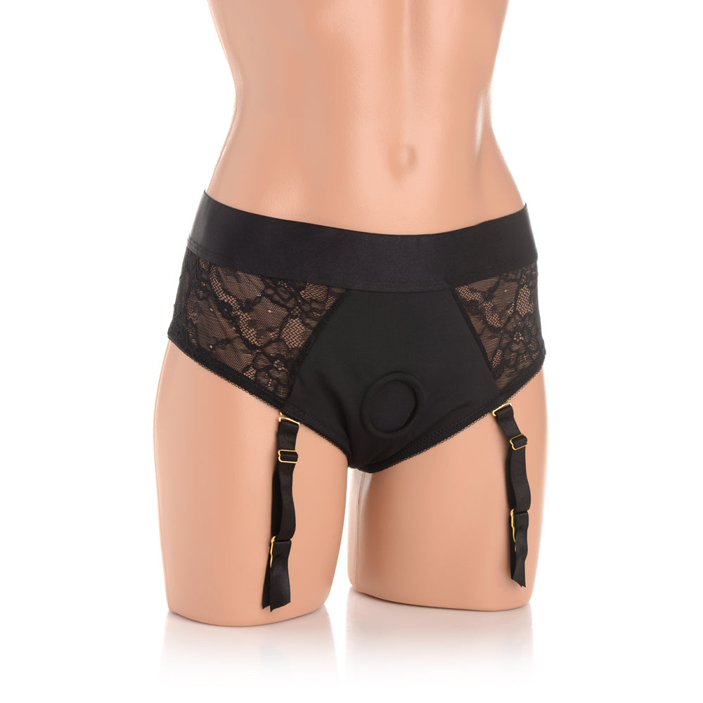 Strap U Seductress Lace Crotchless Panty Harness with Garter Straps - 2X/3X