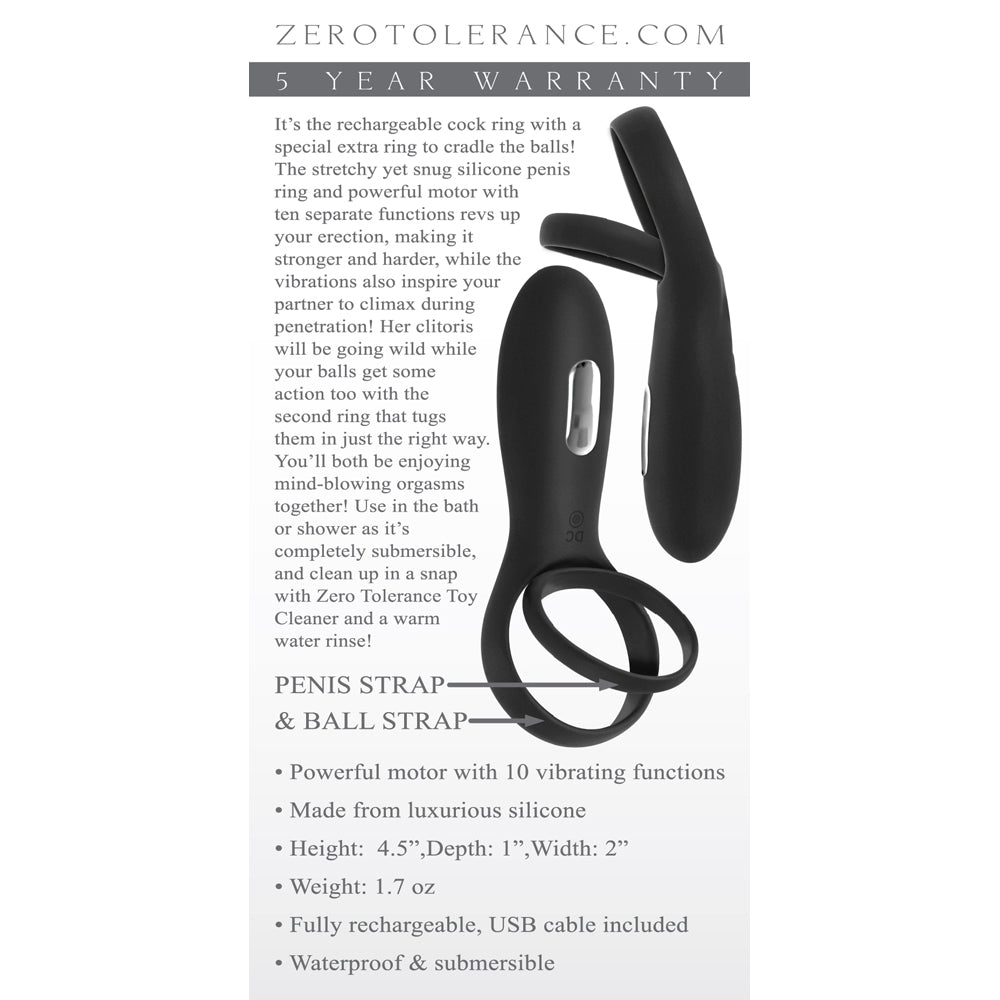 Zero Tolerance Rechargeable Torpedo Vibrating Cock Ring & Ball Cradle - Black