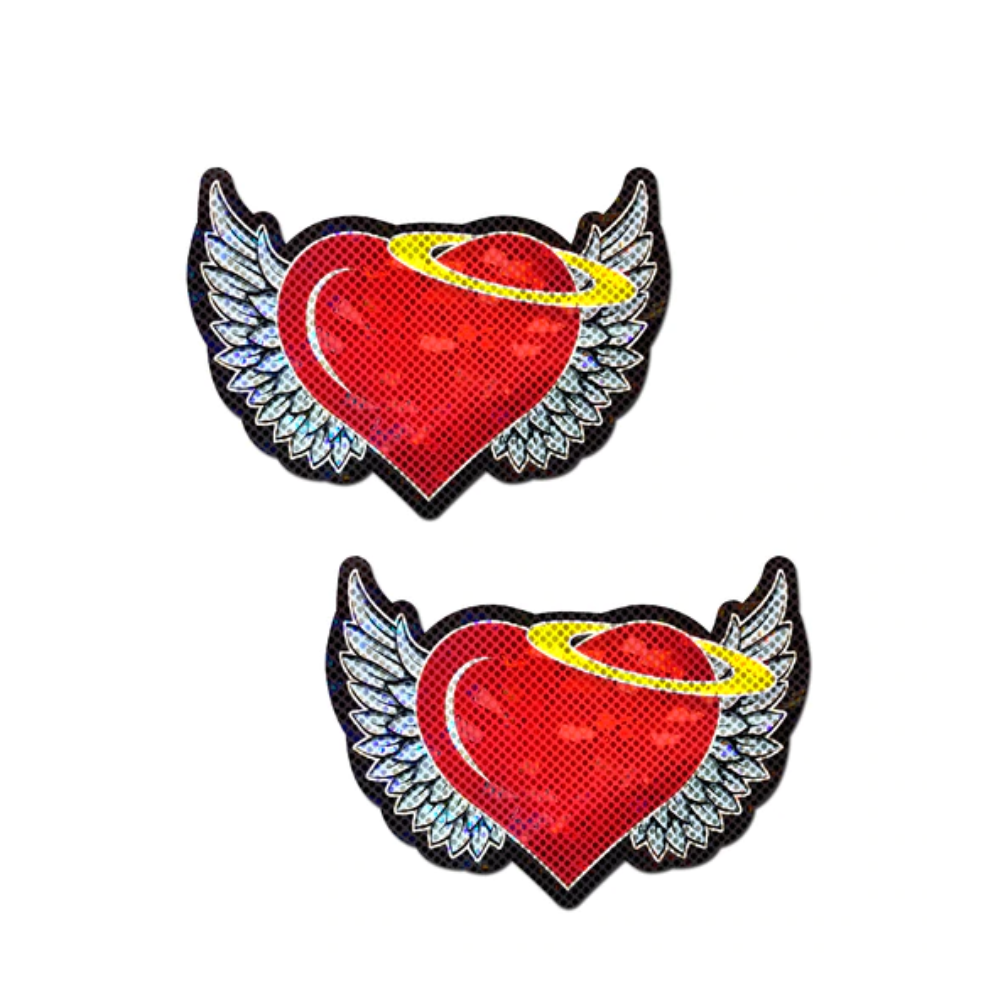 Red Glitter Hearts with Wings and Gold Halo