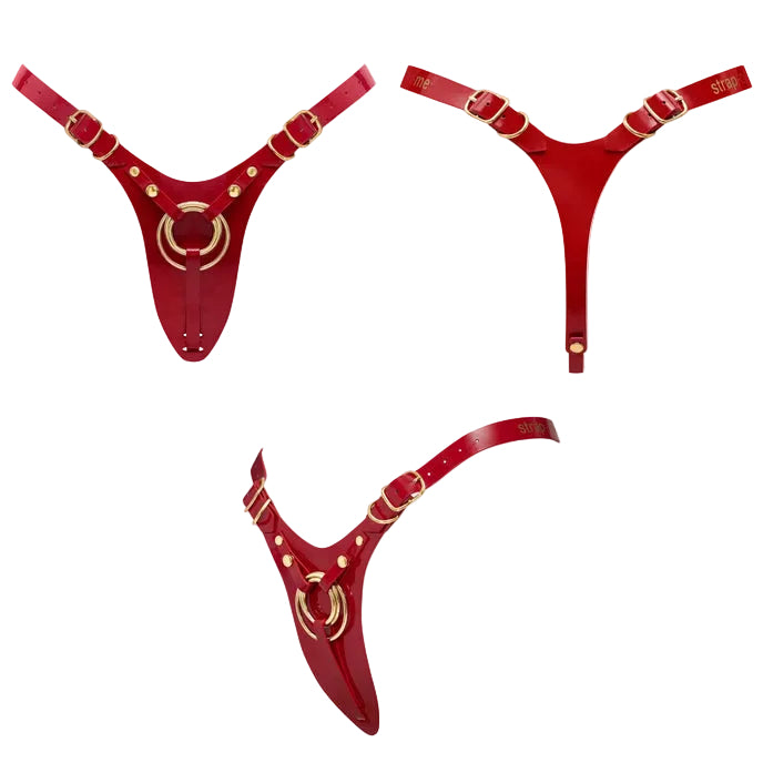 Red harness with gold accents shown from front, back, and side views on a white background.