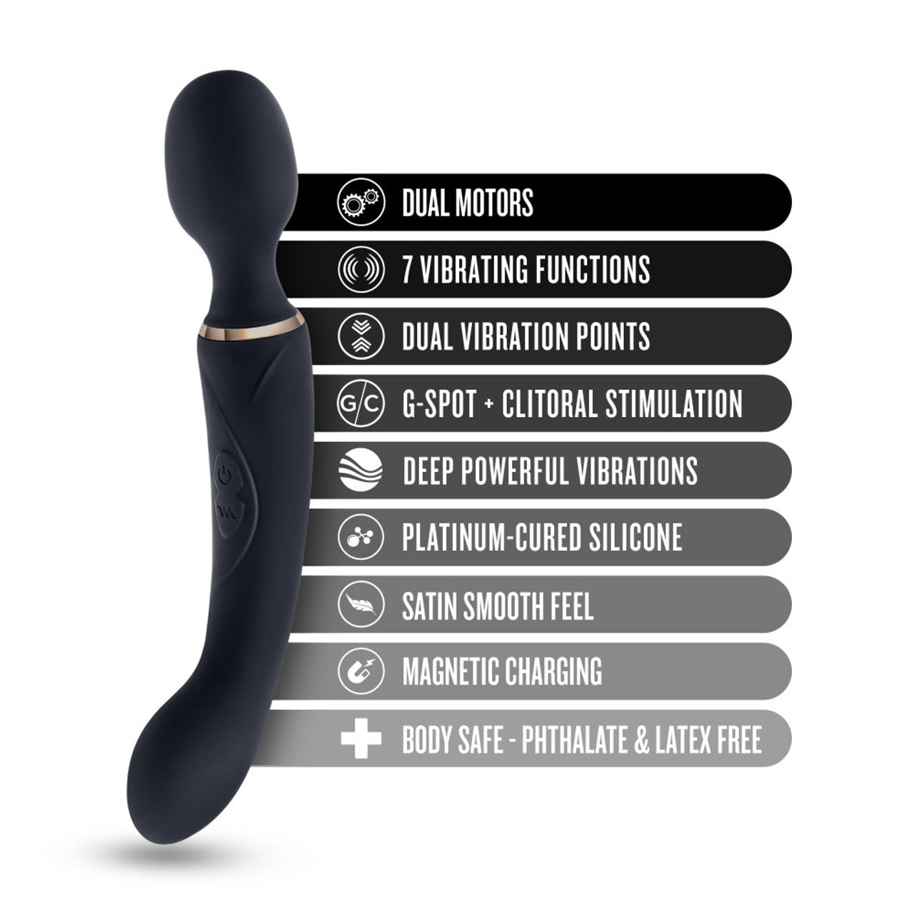 Blush Gia 7-Function 2-in-1 Dual Motor Wand Vibrator Silicone - Black