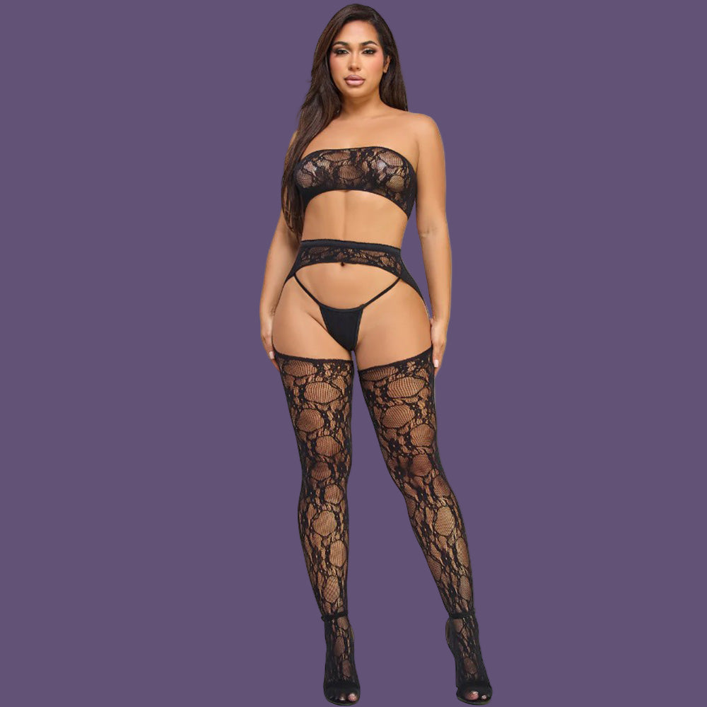 Be Wicked Azalea Lace Bodystocking Set - Black - QS