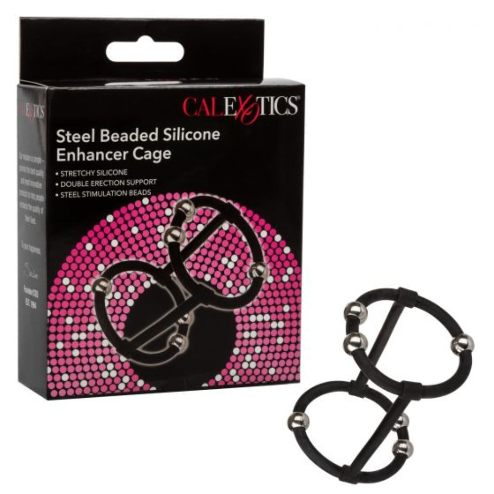 Steel Beaded Silicone Enhancer Cock Ring Cage - Black