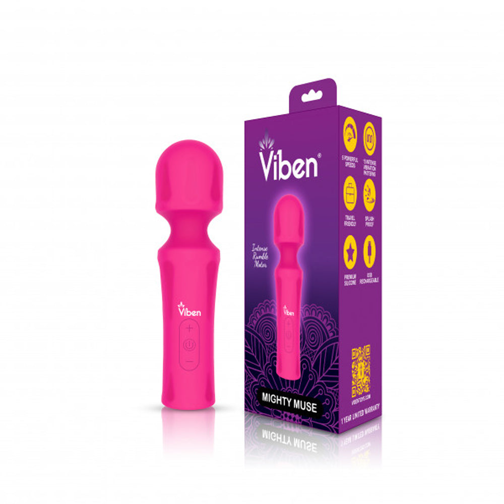Viben Mighty Muse Mini Wand Massager 15-Mode Silicone - Hot Pink