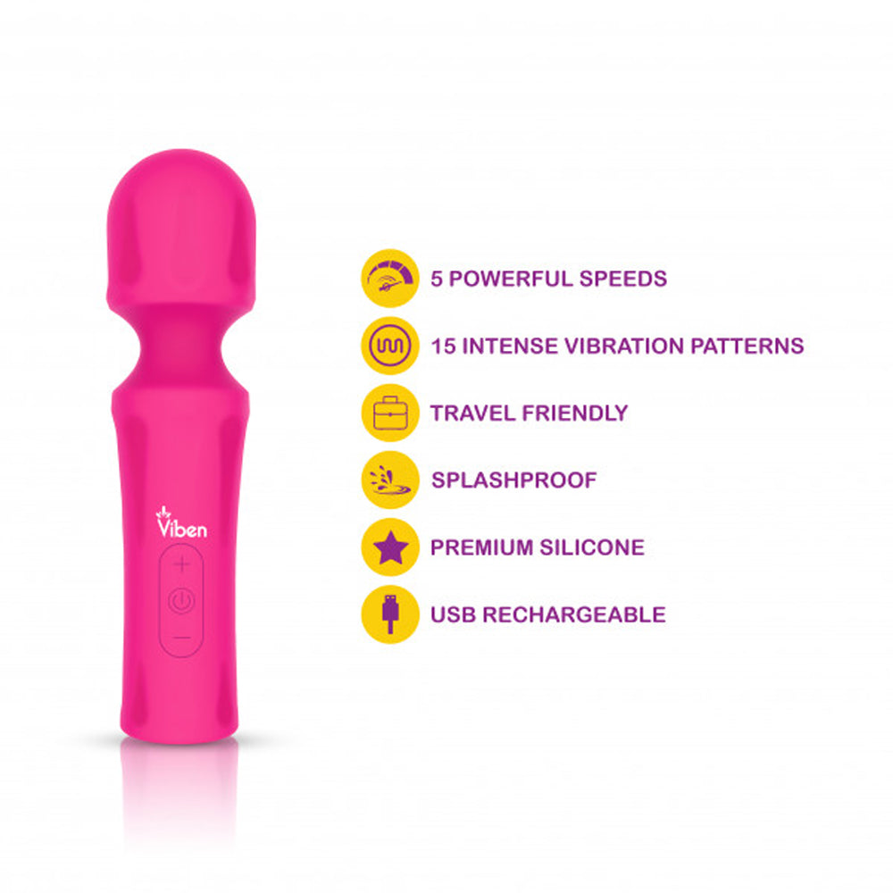 Viben Mighty Muse Mini Wand Massager 15-Mode Silicone - Hot Pink