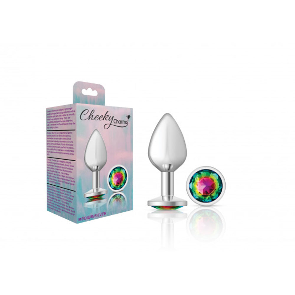 Cheeky Charms Silver Metal Anal Plug with Round Rainbow Gemstone - Medium
