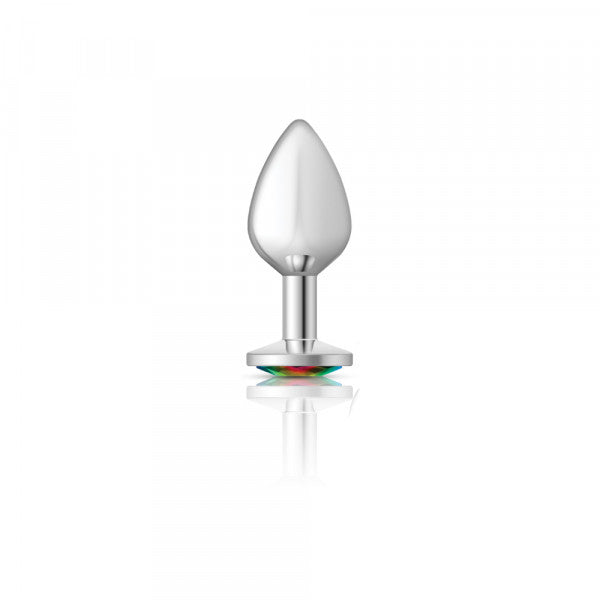 Cheeky Charms Silver Metal Anal Plug with Round Rainbow Gemstone - Medium