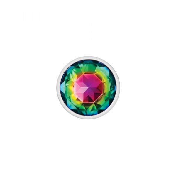 Cheeky Charms Silver Metal Anal Plug with Round Rainbow Gemstone - Medium