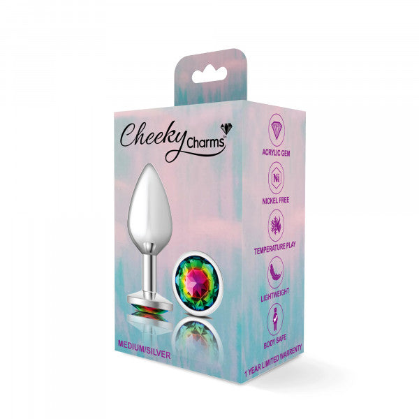 Cheeky Charms Silver Metal Anal Plug with Round Rainbow Gemstone - Medium