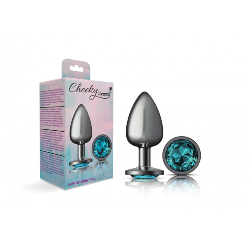 Cheeky Charms Gunmetal Anal Plug with Teal Gemstone - Large