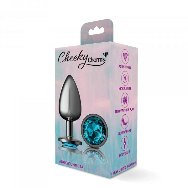 Cheeky Charms Gunmetal Anal Plug with Teal Gemstone - Large