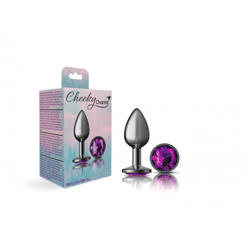 Cheeky Charms Gunmetal Anal Plug with Round Purple Gemstone - Small