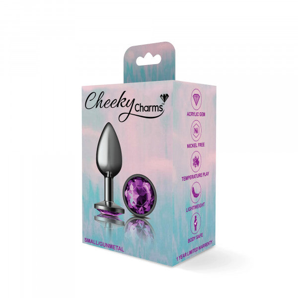 Cheeky Charms Gunmetal Anal Plug with Round Purple Gemstone - Small