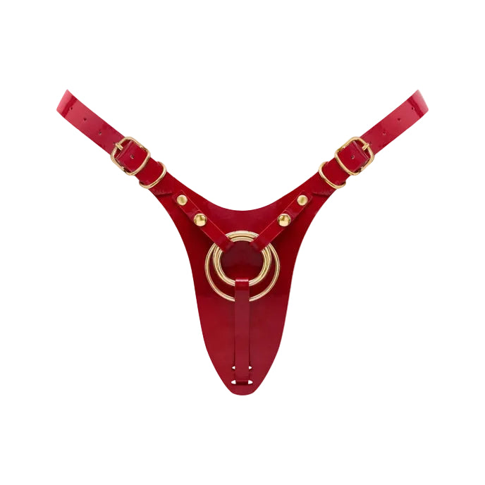 Red leather harness with gold accents on a light gray background